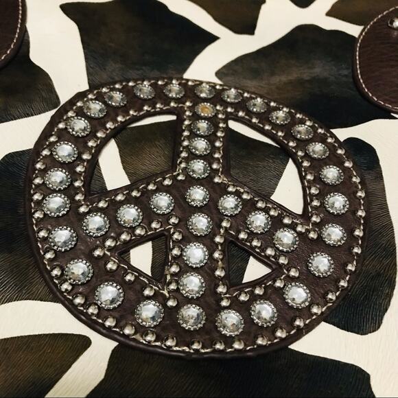 Animal Print Bedazzled Peace Sign Tote Shoulder Bag - Picture 8 of 10